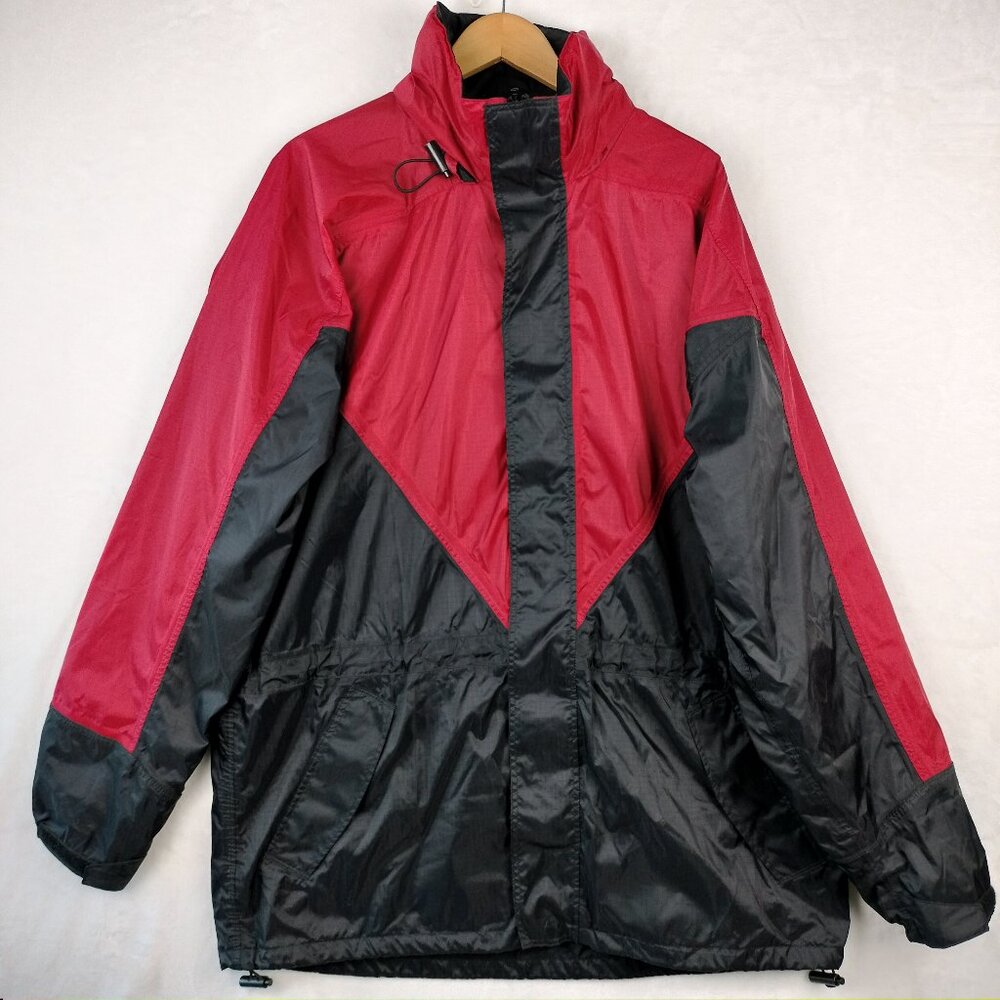 Stearns Dry Wear Jacket Mens Sz L/XL Red Black Nylon Waterproof Hooded Rain Coat